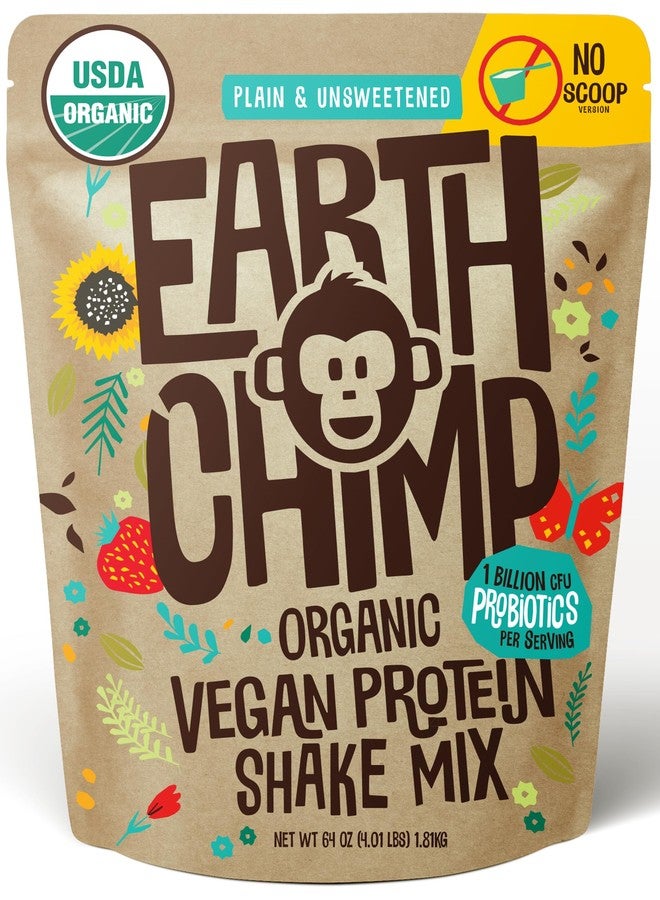EarthChimp مسحوق بروتين نباتي عضوي من إيرث تشيمب - مع بروبيوتيك - غير معدل وراثيًا، خالٍ من منتجات الألبان، خالٍ من مصل اللبن، مسحوق بروتين نباتي للنساء والرجال، خالٍ من الغلوتين - 52 حصة 64 أونصة (عادي وغير محلى) بدون مغرفة - Image 1